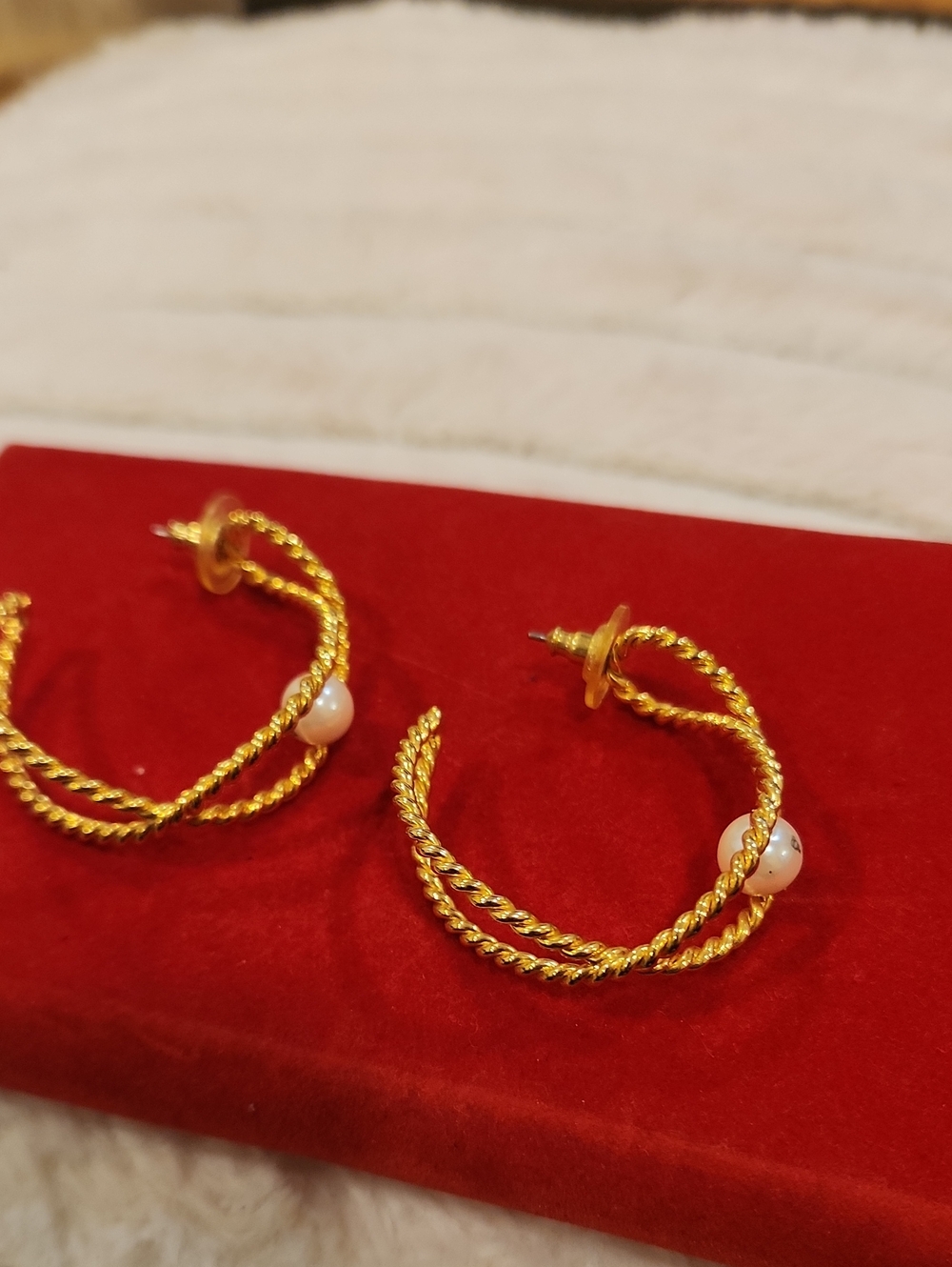 Gold-Tone Twisted Hoop Earrings with Pearl Accent - Women Jewelry